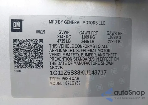 2019 Chevrolet Impala Lt from USA, damaged, VIN 1G11Z5S38KU143717